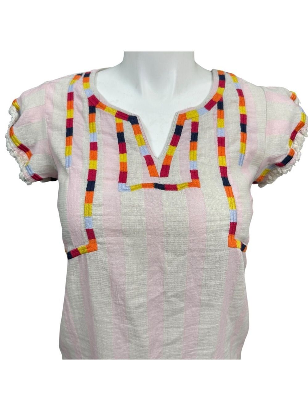 THML White Pink Stripe Multicolor Embroidered Short Sleeve Top L - Picture 2 of 9